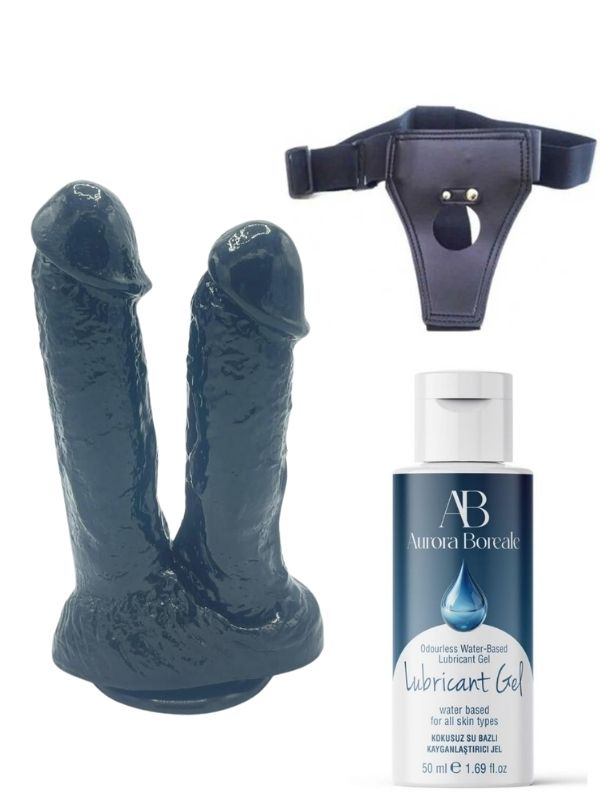 Censan Belden Bağlamalı Kayganlaştırıcı Set Noctis 21cm Siyah Çiftli Dildo No:61